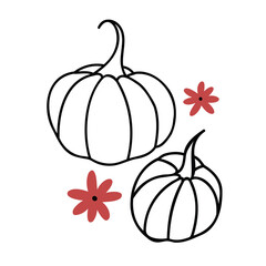 Cute pumpkins in doodle style. Vector floral autumn clipart. Hand-drawn illustration for greeting cards, banners, and T-shirt designs. All elements are isolated.