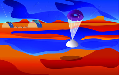 colonization of Mars. landscape of a red planet with mountain ranges landing capsule and human settlement.