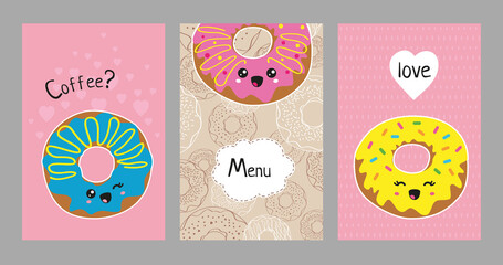 Set of poster designs with funny donuts. Kawaii style. Sweet food on a pink and beige background. For the design of menus, showcases or the site of a pastry shop or coffee shop.