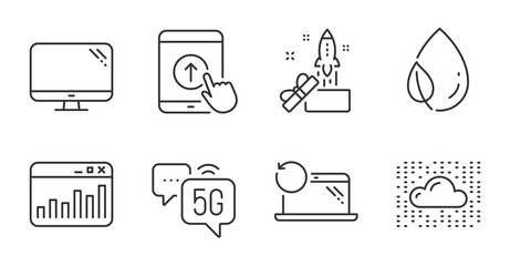 Computer, Innovation and Marketing statistics line icons set. Leaf dew, Recovery laptop and 5g internet signs. Swipe up, Cloud system symbols. Pc component, Crowdfunding, Web analytics. Vector