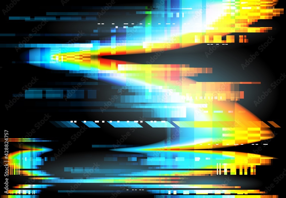Aufkleber Glitch and pixel noise of TV and computer screen error vector background. Abstract colorful wave of television signal failure, data decay, static crash and damaged VHS video distorted effects
