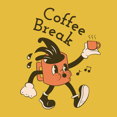 Retro grunge vintage 1930s comic cartoon cup of coffee make coffee break. Vector illustration of coffee mascot, character. Funny coffee cup.