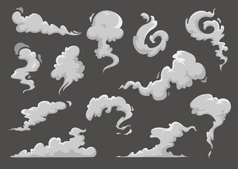 Cartoon clouds, steaming smoke and steam flows. Vector comic book explosion clouds, smoke puffs and speed dust trails, smog or vapor air flows and fog or fume swirls on dark background