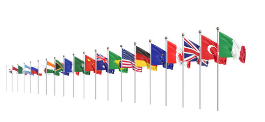 Waving flags countries of members Group of Twenty. Big G20, in Rome, the capital city of Italy, on 30&ndash;31 October 2021. 3d Illustration. Isolated on white background.