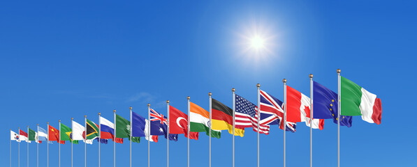 Obraz premium Waving flags countries of members Group of Twenty. Big G20, in Rome, the capital city of Italy, on 30–31 October 2021. 3d Illustration. Isolated on sky background.