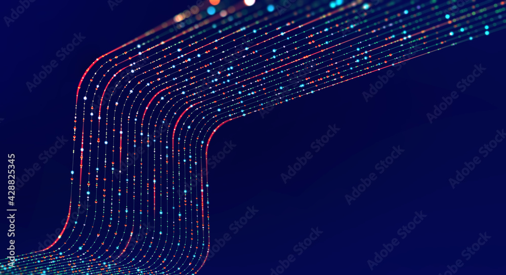 Poster Stream, flow digital data. Big data analytics and business strategy for innovative solutions. 3D illustration of network structures, guides and nodes of information accumulation