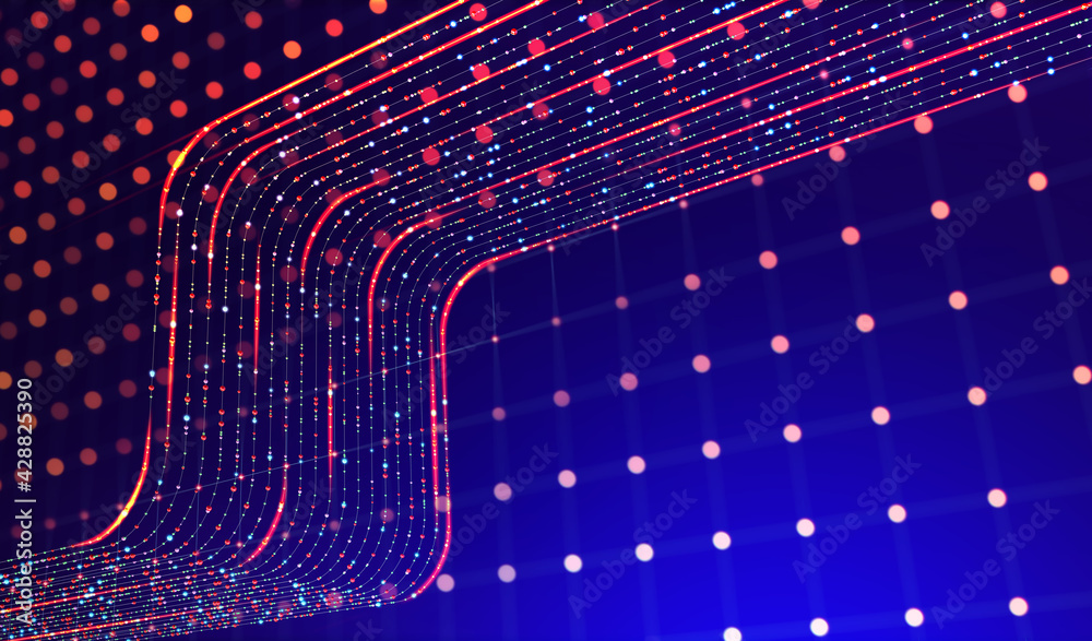 Poster Business and digital technologies. Data flow in a secure system. Analytics and strategy of innovative development. 3D illustration of network structures, guides and nodes of information accumulation