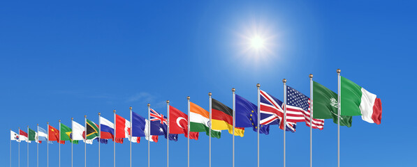 Obraz premium Waving flags countries of members Group of Twenty. Big G20, in Rome, the capital city of Italy, on 30–31 October 2021. 3d Illustration. Isolated on sky background.