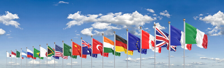 Waving flags countries of members Group of Twenty. Big G20, in Rome, the capital city of Italy, on 30–31 October 2021. 3d Illustration. Isolated on sky background.