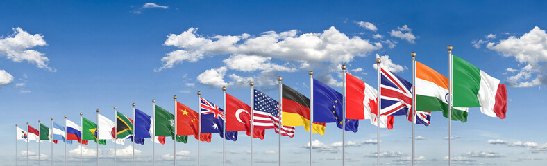 Waving flags countries of members Group of Twenty. Big G20, in Rome, the capital city of Italy, on 30–31 October 2021. 3d Illustration. Isolated on sky background.