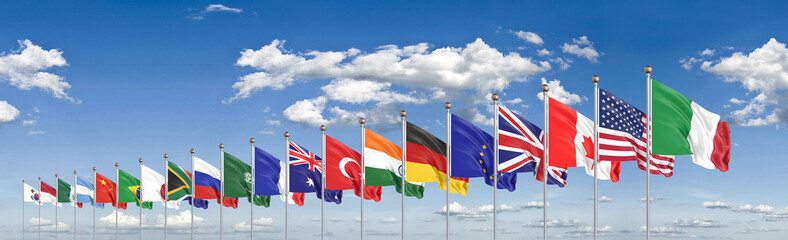 Waving flags countries of members Group of Twenty. Big G20, in Rome, the capital city of Italy, on 30–31 October 2021. 3d Illustration. Isolated on sky background.