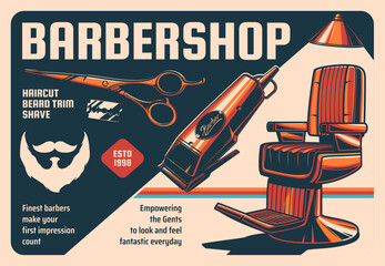 Barbershop vintage vector poster. Armchair and equipment shaving machine, scissors and blade for men haircutting, trim and beard shave. Retro advertising card for gentlemen barber shop service
