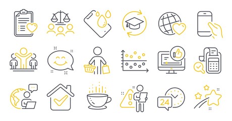 Set of Business icons, such as Continuing education, Like video, Smile chat symbols. Hold smartphone, Buyer, 24h service signs. Friends world, Dot plot, Smartphone waterproof. Coffee cup. Vector