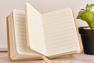 blank diary to write on copy space, on a bedroom nightstand with a green plant next to it