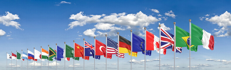 Waving flags countries of members Group of Twenty. Big G20, in Rome, the capital city of Italy, on 30–31 October 2021. 3d Illustration. Isolated on sky background.