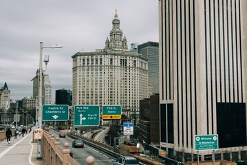 View of City Hall in Manhattan, from the Brooklyn Bridge, New York City