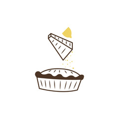Simple minimalist icon with fresh sweet fruit pie. Lemon peel is rubbed on a grater and added to baking. Illustration of food for a cookbook with recipes, a magazine for housewives, an online article