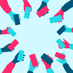 Hands holding smartphones. Teamwork, social and cooperation concept. Networking friends illustration. 