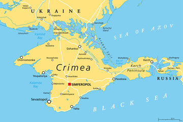 Crimea political map. Peninsula in Eastern Europe on the northern coast of the Black Sea, with disputed status. Controlled and governed by Russia, internationally recognized as part of Ukraine. Vector