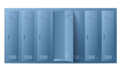 Blue school or gym lockers with locks on doors for storage of personal things