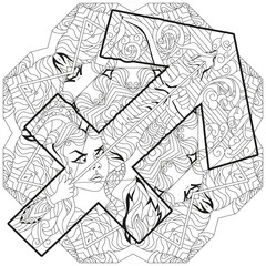Sagittarius zodiac sign with mandala. Cute cartoon character retro zentangle stylized in vector for coloring