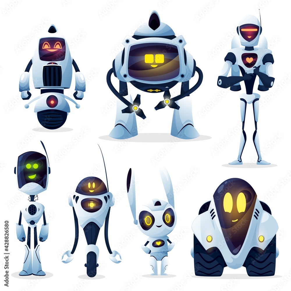 Poster robots and android bots, cartoon toy characters, vector ai cyborgs. robot cyborg machines with digit