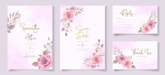 Set of elegant wedding invitation design with soft color floral