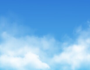 Clouds on blue sky background realistic vector. White fluffy cumulus clouds, rain fog and mist on bright heaven, 3d cloudscape backdrop or border of weather, climate and nature, meteorology - obrazy, fototapety, plakaty