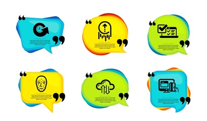 Update time, Online survey and Face biometrics icons simple set. Speech bubble with quotes. Swipe up, Cloud sync and Online payment signs. Refresh watch, Quiz test, Facial recognition. Vector