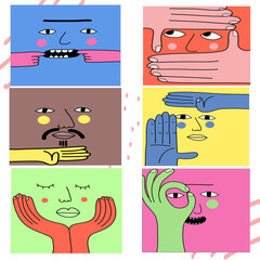 Square funny abstract faces with various emotions and hand gestures. Vector illustration EPS10