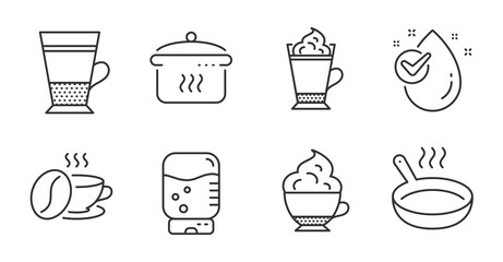 Latte coffee, Boiling pan and Water drop line icons set. Cappuccino cream, Frying pan and Coffee cup signs. Double latte, Water cooler symbols. Quality line icons. Latte coffee badge. Vector
