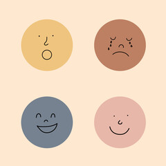 Round abstract comic Faces with various Emotions. Cartoon style. Flat design. All elements are isolated. Square Posters, logo Templates