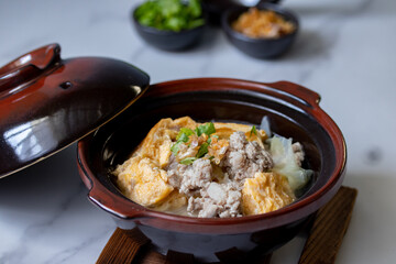 Thai Omelette Soup with Minced Pork in a Hot Cup