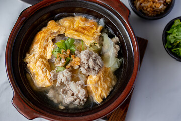 Thai Omelette Soup with Minced Pork in a Hot Cup