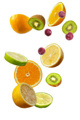 Naklejka na ściany i meble Falling fresh mixed citruses. Slices of the lemon, kiwi, cherry and lime the air. Flying fruits concept isolated on the white background