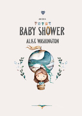 Cute princess flying in air balloon. Baby shower for girl invitation. Greeting card for the birthday. Vintage hand drawn watercolor clip art