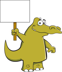 Cartoon illustration of a smiling alligator holding a large sign.