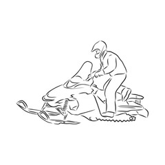 isolated illustration of a rider on a snow scooter , black and white drawing, white background snowmobile vector sketch on white background