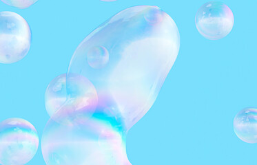 Abstract 3d art background. Holographic floating liquid blobs, soap bubbles.