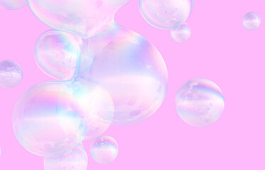 Abstract 3d art background. Holographic floating liquid blobs, soap bubbles.