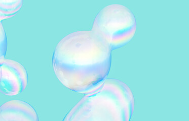 Abstract 3d art background. Holographic floating liquid blobs, soap bubbles.