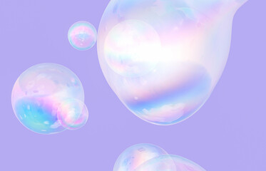 Abstract 3d art background. Holographic floating liquid blobs, soap bubbles.