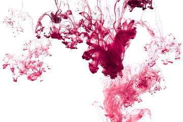 Red paint dissolving in water creating abstract shapes with white copy space