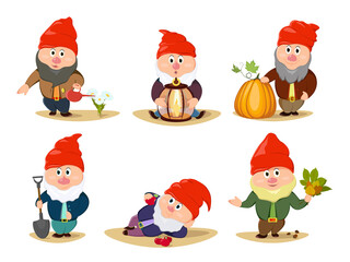 Set of cute garden gnomes. Set of cute fairytale characters. Character with shovel with mushrooms, pot with plant