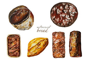 Set frische Brote. Aquarell Food Illustration. Watercolor bread illustration. Isoliert auf weißem Hintergrund. 