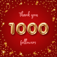Thank you followers. Social media achievement poster with golden 3d numbers and confetti on red background