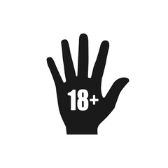 Under eighteen years prohibition sign isolated on white background. Adults only hand icon. Vector stock