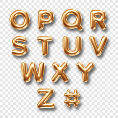 Gold metallic three dimensional alphabet isolated on transparent background