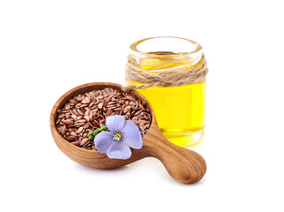 Flax seeds with flowers and linseed oil on white background.