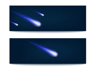 Set of banners with comets on starry night sky, realistic vector illustration. © sabelskaya